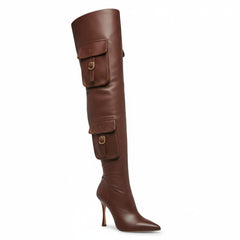 Tuhoomall Over-The-Knee Fashion Boots for Women, High Heels 9.5cm, Zipper Closure, Solid Color with Pocket and Metal Buckle, Perfect for Parties and Performances