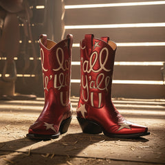 Tuhoomall Comfortable Western Boots for Fashion Parties and Daily Wear with Star and Letter Embroidery, Chunky Heel, Slip-On Design