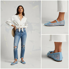 Tuhoomall Comfortable Rhinestone Ballet Flats for Women - Casual Blue Mesh Slip-On Shoes with Low Heel and Round Toe