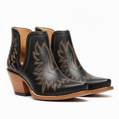 Tuhoomall Stylish Women's Ankle Boots, Chunky 2.36 in Heel, Slip-On Design, Embroidered Details, All-Season Fashion