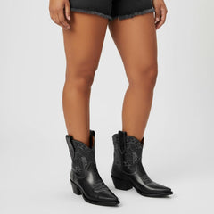 Tuhoomall Western Cowboy Ankle Boots for Women, Vegan Leather, Chunky 2" Heel, Snip Toe Design, Stylish Star Appliqué, All-Season Fashion