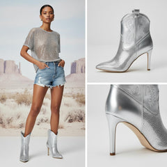 Tuhoomall Western Rhinestone Stiletto Ankle Boots, 3.54in High Heel, Slip-On Fashion for Parties and Casual Outings