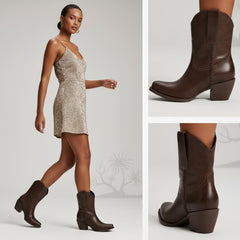 Tuhoomall Western Ankle Booties for Women, Slip-On Chunky Heels with Snip-Toe, Solid Color Design for Outdoor Fashion and Travel