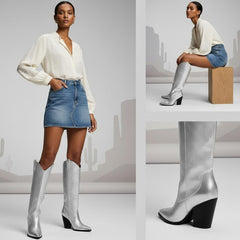 Tuhoomall Western Knee-High Boots for Women, Slip-On High Heels 3.74in, Metallic Finish, Fashion-Forward Design, Perfect for Performances and Street Style