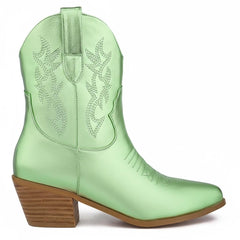Tuhoomall Western Ankle Boots with Embroidered Pattern, 5cm Chunky Heel, Slip-On Design for Fashion and Travel, Durable Synthetic Fabric Lining