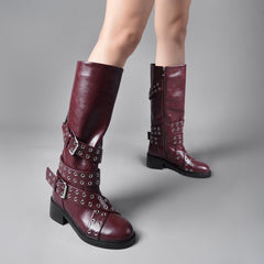 Tuhoomall Knee-High Stylish PU Combat Boots for Women with Adjustable Buckles and Metallic Accents, Casual and Formal Wear, Comfortable Low Chunky Heel