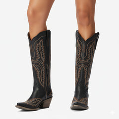 Tuhoomall Western Over-the-Knee Boots for Women, Floral Embroidered Chunky Heel, Comfortable Slip-On, Stylish for Travel and Outdoor Fashion