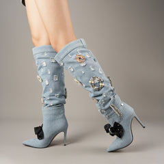 Tuhoomall Knee-High Stiletto Boots With Ruched Design, Pointed Toe, Jewel Embellishments, Stylish Slip-On, Perfect For Parties And Performances