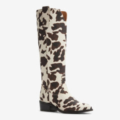 Tuhoomall Western Knee-High Cowboy Boots for Women, Stylish Animal Print, Chunky Heel, Vegan Friendly for Travel and Parties