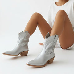 Tuhoomall Metallic Cowboy Ankle Boot with Chunky Block Heel, Pointed Toe, Embroidered Design for Casual Fashion Use, Vegan Leather, All Seasons