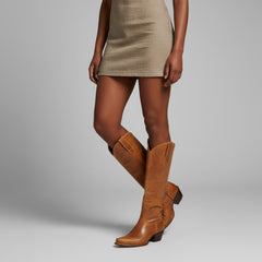 Tuhoomall Retro Western Knee-High Boots for Women, Stylish Leather Design with Embroidery, Slip-On Comfort, Ideal for Work and Casual Wear