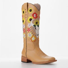 Tuhoomall Western Cowgirl Mid Calf Boots, Floral Embroidery, Chunky Heel Slip-On for Casual Outdoor Fashion Tuhoomall