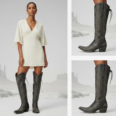 Tuhoomall Western Knee High Boots for Women, Floral Embroidery, Rubber Sole, Adjustable Buckle, Chunky Heel, All-Season Casual Wear