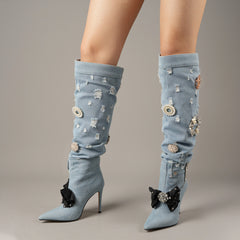 Tuhoomall Knee-High Stiletto Boots With Ruched Design, Pointed Toe, Jewel Embellishments, Stylish Slip-On, Perfect For Parties And Performances