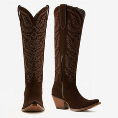 Tuhoomall Western Cowboy Knee High Boots for Women, Floral Embroidery, Comfortable Chunky Heel, Perfect for Travel and Outdoor Fashion