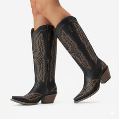 Tuhoomall Western Over-the-Knee Boots for Women, Floral Embroidered Chunky Heel, Comfortable Slip-On, Stylish for Travel and Outdoor Fashion