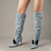 Tuhoomall Knee-High Stiletto Boots With Ruched Design, Pointed Toe, Jewel Embellishments, Stylish Slip-On, Perfect For Parties And Performances