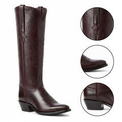 Tuhoomall Western Style Knee-High Boots, Embroidered Vegan Leather, 5.5cm Chunky Heel, Fashion Casual for All Seasons
