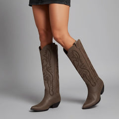 Tuhoomall Western Mid Calf Boots for Women, Embroidered Pointed Toe, Chunky Heel, Slip-On Design for Casual Style