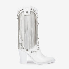Tuhoomall Chunky Heel Western Rhinestone Booties with Fringes for Fashion Events, Pointed Toe, Slip-On Style, All-Day Comfort, Eye-Catching Design