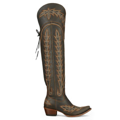 Tuhoomall Western Knee High Boots for Women, Floral Embroidery, Rubber Sole, Adjustable Buckle, Chunky Heel, All-Season Casual Wear