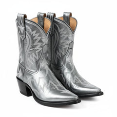 Tuhoomall Metallic Western Ankle Boots for Women - Stylish Slip-On Design with Embroidered Floral Pattern, Casual All-Season Footwear
