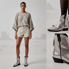 Tuhoomall Metallic Silver Chunky Heel Ankle Boots - Stylish Snip Toe Design, Effortless Slip-On, Perfect for Casual and Office Wear