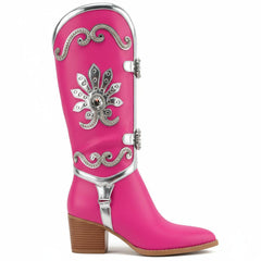 Tuhoomall Pink Rhinestone Pointed Toe Ankle Boots for Parties and Performances, Chunky Heel Fashion Footwear for Casual and Night Out Tuhoomall