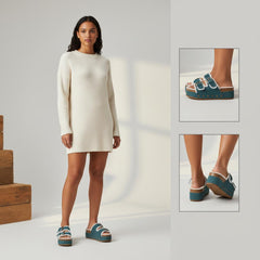 Tuhoomall Blue Faux Suede Fur-Lined Studs Double Buckle Strap Round Platform Cork Sandals Slippers