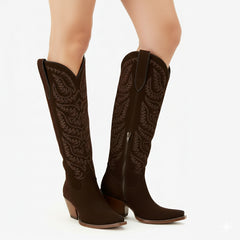 Tuhoomall Western Cowboy Knee High Boots for Women, Floral Embroidery, Comfortable Chunky Heel, Perfect for Travel and Outdoor Fashion