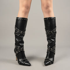 Tuhoomall Studded Pointed-Toe Stiletto Boots for Women - Stylish Mid Calf Formal Footwear with Zipper Closure