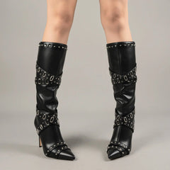 Tuhoomall Studded Pointed-Toe Stiletto Boots for Women - Stylish Mid Calf Formal Footwear with Zipper Closure Tuhoomall