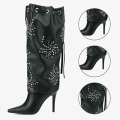 Tuhoomall Knee High Stiletto Boots With Studs And Ruffles For Parties - Elegant Pointed Toe And Adjustable Straps Tuhoomall