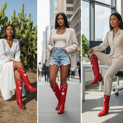 Tuhoomall Western Knee High Boots With Rubber Sole, 5cm Chunky Heel, Embroidered Sweet Pink Hearts For Casual Fashion All Year Round