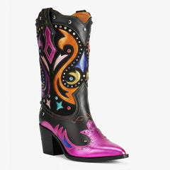Tuhoomall Western Cowboy Ankle Boots for Women, Stylish Short Booties with Rhinestones for Parties and Runway Performances