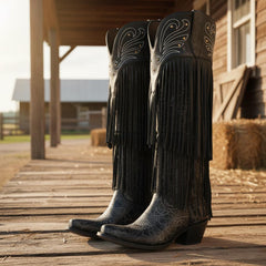 Tuhoomall Western Cowboy Boots for Women, Over-the-Knee Fashionable Performance Heels, Comfortable Pointed Toe with Fringe and Studs, All-Season Style Tuhoomall