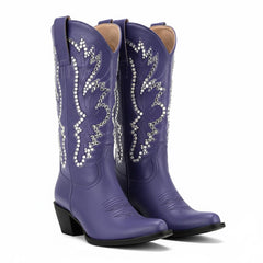 Tuhoomall Western Ankle Boots for Women, Chunky Heel, Rhinestone Embroidery, Slip-On, All-Season Comfortable Casual Style Tuhoomall