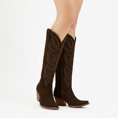 Tuhoomall Western Cowboy Knee High Boots for Women, Floral Embroidery, Comfortable Chunky Heel, Perfect for Travel and Outdoor Fashion