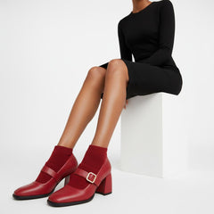 Tuhoomall Mary Jane High Heel Loafers for Women, 7.5 cm Chunky Heel, All-Season Fashion, Pure Leather, Comfortable Slip-On Design