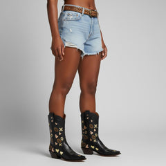 Tuhoomall Western Ankle Boots for Women, 5.5cm Heeled Slip-On, Geometric Pattern with Embroidery, Casual Stylish Mid-Calf Footwear for All Seasons