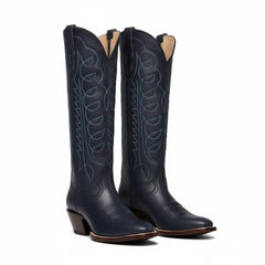 Tuhoomall Western Boots for Women with Embroidery, Chunky Heel 2.00 in, Mid-Calf Length, Vegan Leather, Casual Fashion Footwear, All Seasons