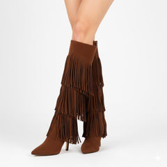 Tuhoomall Fashion Women's Knee-High Boots with Fringe Detail, Stylish Pointed Toe, and 10.7cm Stiletto Heel for Parties and Performances