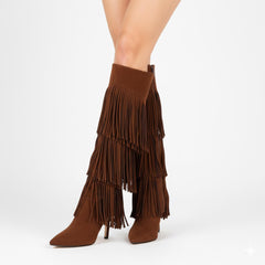 Tuhoomall Fashion Women's Knee-High Boots with Fringe Detail, Stylish Pointed Toe, and 10.7cm Stiletto Heel for Parties and Performances Tuhoomall