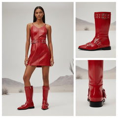 Tuhoomall Comfortable Mid-Calf Boots For Parties & Daily Wear With Adjustable Buckles, Zipper And Metal Accents - Casual All-Season Fashion Footwear