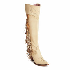 Tuhoomall Western Over Knee Boots with Fringe and Heart Pattern, Block Heel 2.76in, Zipper Closure, Faux Suede for Fashionable Boho Lifestyle