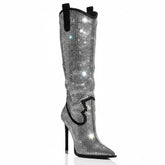 Tuhoomall Knee-High Stiletto Boots for Parties, Fashion Shows, Pointed Toe Design with Rhinestones, Slip-On, Faux Suede, Glamorous Look, All Seasons