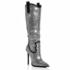 Tuhoomall Knee-High Stiletto Boots for Parties, Fashion Shows, Pointed Toe Design with Rhinestones, Slip-On, Faux Suede, Glamorous Look, All Seasons