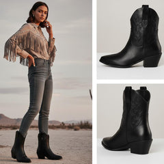 Tuhoomall Western Ankle Boots with Embroidered Pattern, 5cm Chunky Heel, Slip-On Design for Fashion and Travel, Durable Synthetic Fabric Lining