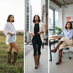 Tuhoomall Western Mid Calf Boots for Women, Retro Snip-Toe Chunky Heel, Embroidered Genuine Leather, Fashion Casual Footwear