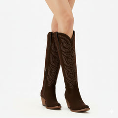 Tuhoomall Western Cowboy Knee High Boots for Women, Floral Embroidery, Comfortable Chunky Heel, Perfect for Travel and Outdoor Fashion